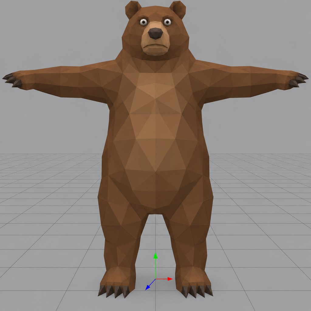 Bearly Loaded, a low poly brown bear standing in a T-pose on a grey editor grid