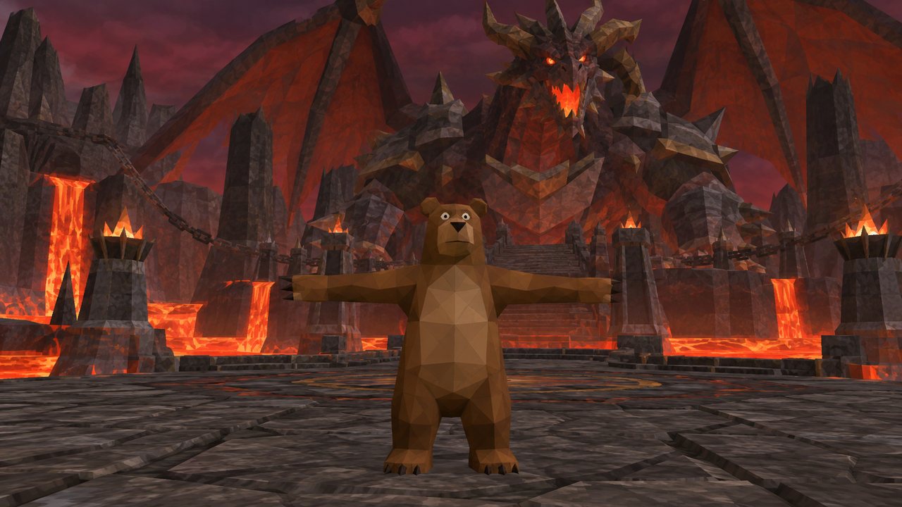 the bear in T-pose in a dragon boss fight