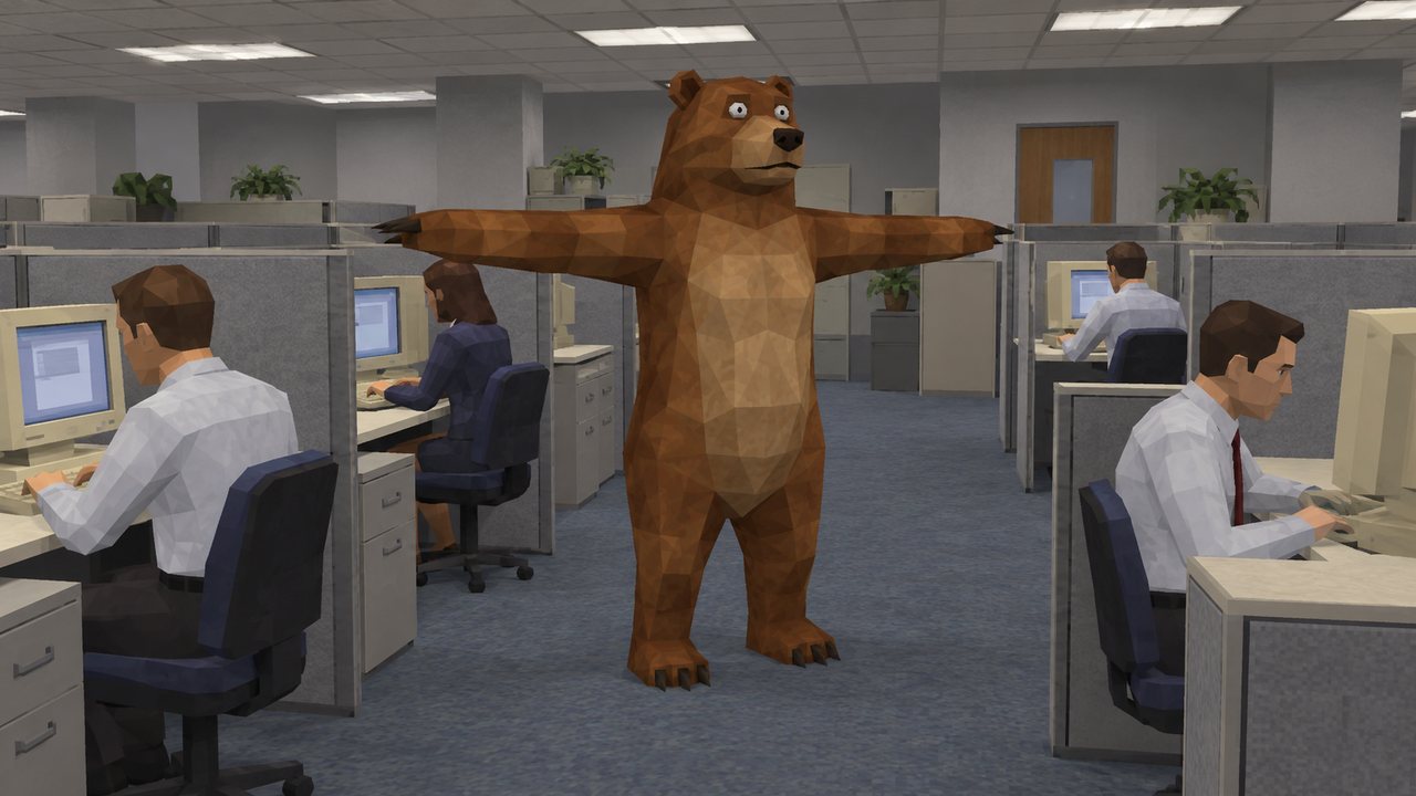 the bear in T-pose in an office